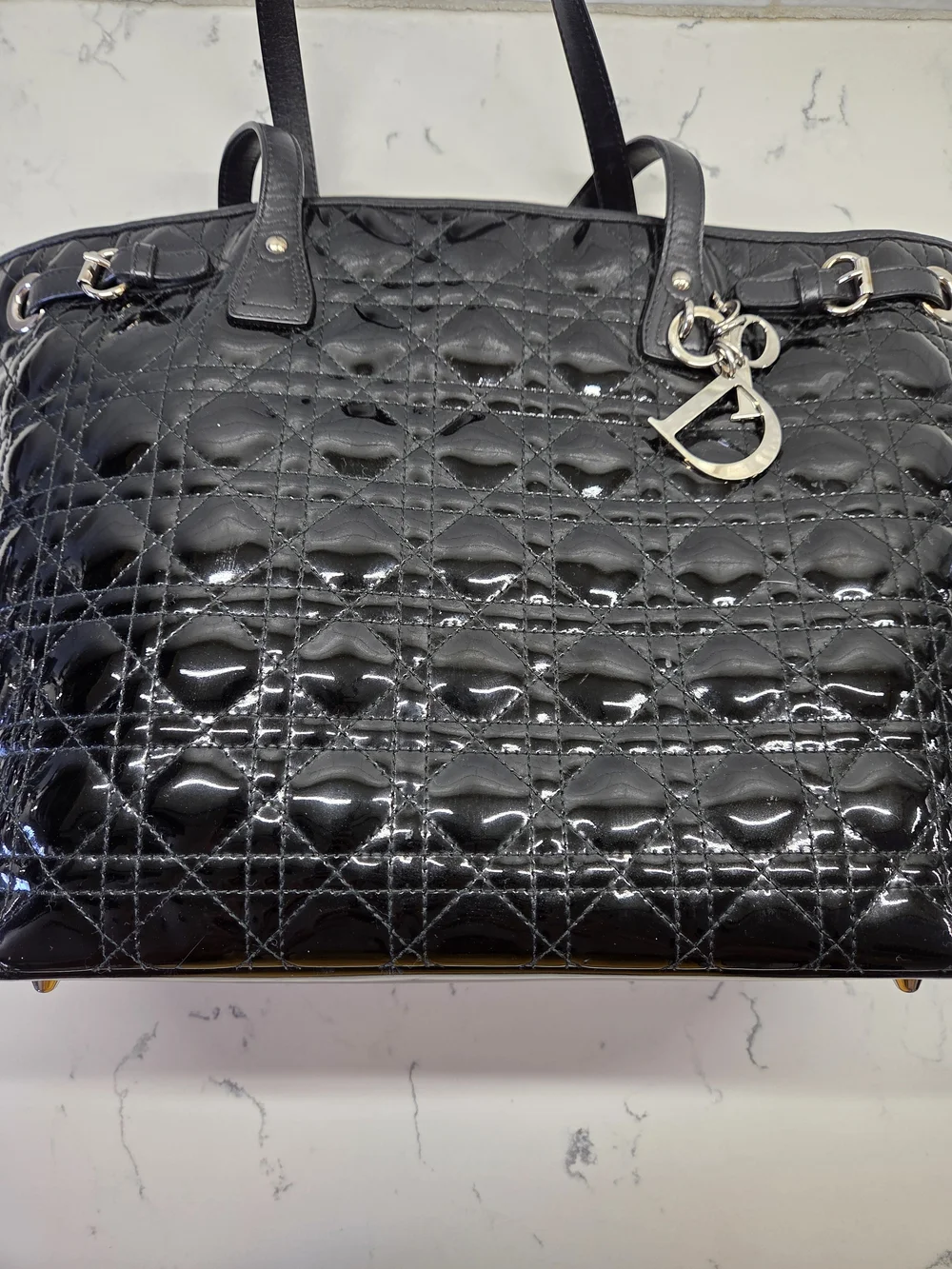 Christian Dior Black Quilted Patent Leather Panarea Medium Tote Bag + COA